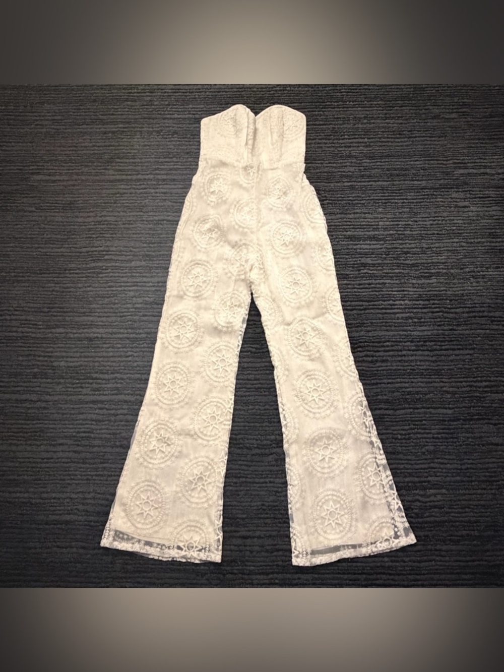 The Stone Cold Fox Strapless Sweetheart Corset Lace Embroidery Flare Jumpsuit